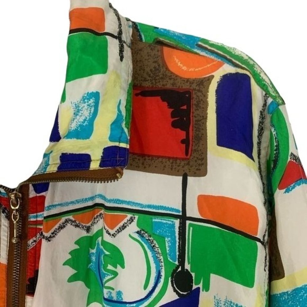 Vintage EVR 100% Silk Jacket Windsuit Bold Geometric Bright Zip Front Medium - Picture 3 of 12